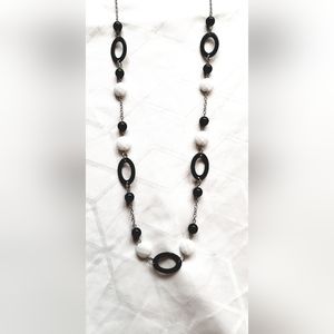 Beaded Necklace in Black and White with silver tones 14"